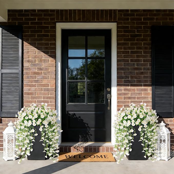 Fake Artificial Hanging Morning Glory Flowers for Outdoor Planters Porch Pation Decoration,2 Bundles UV Resistant Silk Faux Flowers with Realistic Eucalyptus Plants for Home Office Garden Decor(White)