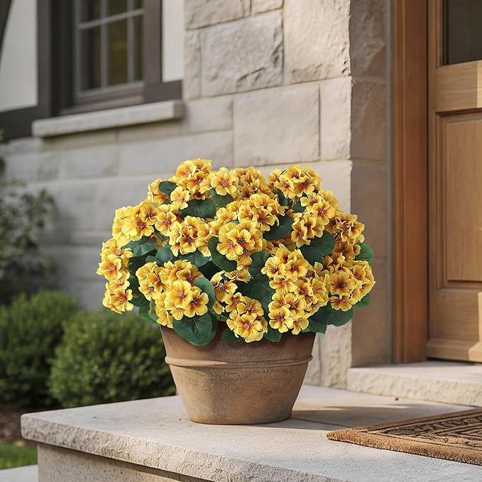 GLIDLION 12 Bundles Artificial Geranium Flowers for Spring Summer Decor, UV-Resistant Fake Plants Realistic Faux Silk Bouquets for Front Door Farmhouse Garden Porch Home Outdoor Decor (Yellow)