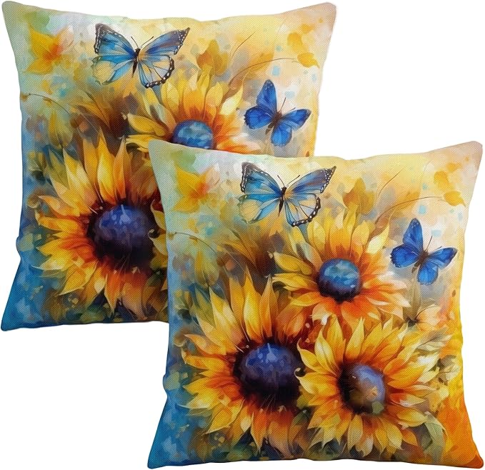 Oil Painting Sunflower Pillow Covers Sun Flower with Butterfly Throw Pillow Covers 18x18 Set of 2 Vintage Pillowcase Double Sided Printing Cushion Case for Home Decor Outdoor Sofa