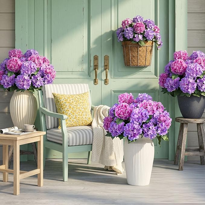 Ivydale Artificial Flowers for Outdoors, 4 PCS Purple Fuchsia Fake Silk Hydrangea Flower Stems for Bouquets UV Resistant Realistic Faux Plants Home Outdoor Wedding Party Centerpieces Decor