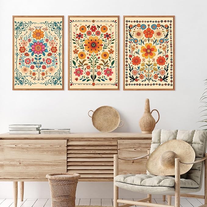 HOURIA 3Pcs Framed Mexican Floral Canvas Wall Art (16"x24"), Abstract Orange Botanical Latin Folk Wall Decor, Vintage Mid Century Modern Tropical Flower Art Print for Office Farmhouse Bedroom