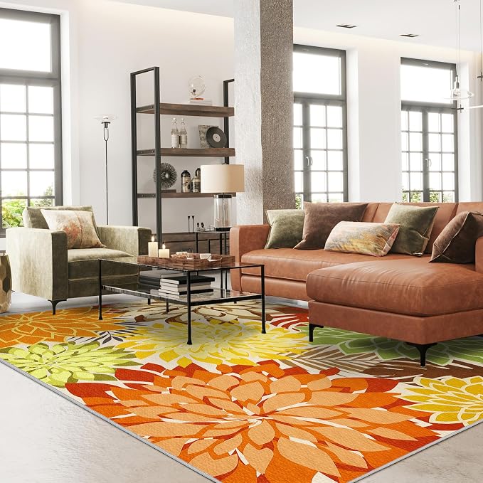 Colorful 4x6 Outdoor Area Rug Washable Rugs Multicolored Patio Rug Tropical Botanical Floral Chenille Outdoor Carpet Non Slip for RV, Pool Deck, Backyard, Porch, Orange