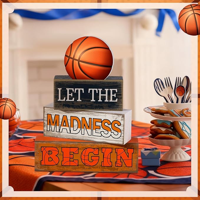 Yuntau 4 Pcs Wooden Tabletop Decor Tiered Tray Decor Rustic Wood Block Sign Gift Centerpiece Farmhouse Table(Basketball)