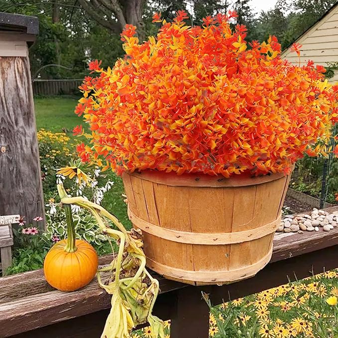 Artificial Fall Flowers for Outdoors, 10 Bundles Faux Flower UV Resistant Fall Fake Mums Plants for Outside Halloween Christmas Porch Decoration Fall Decor(Orange(Eucalyptus))