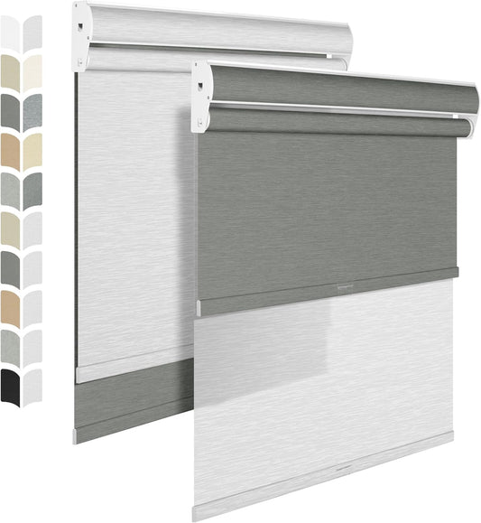 BERISSA Cordless Dual Roller Shades with Cassette Valance, Double Window Shades - Blackout and Light Filtering, Day and Night for Home Office Door. Grey and White. 40 W x 44" H