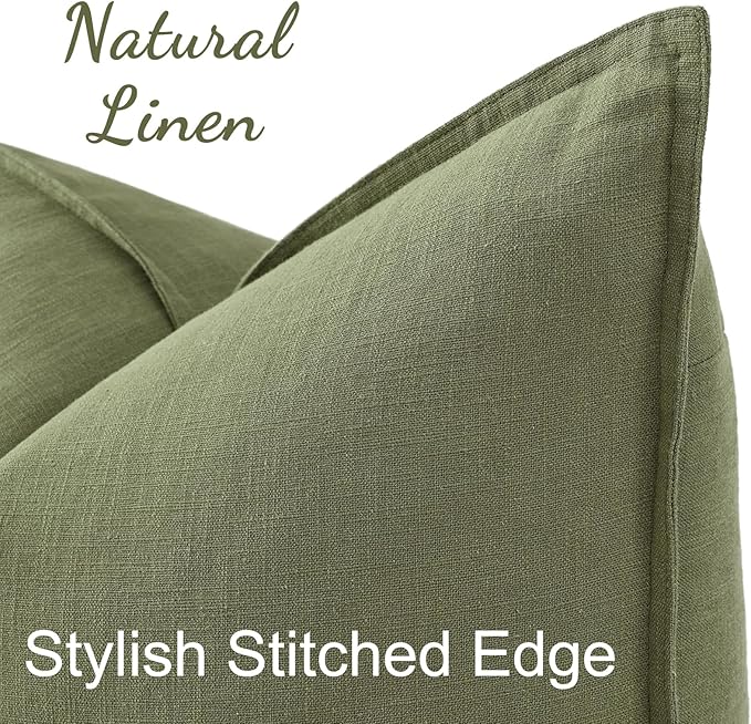 decorUhome Summer Decorative Linen Euro Sham Throw Pillow Covers 26x26 Inch Set of 2 Olive Green Pillow Covers with Flange Edges Soft Farmhouse Boho Accent Pillow Cases for Couch Bed Living Room
