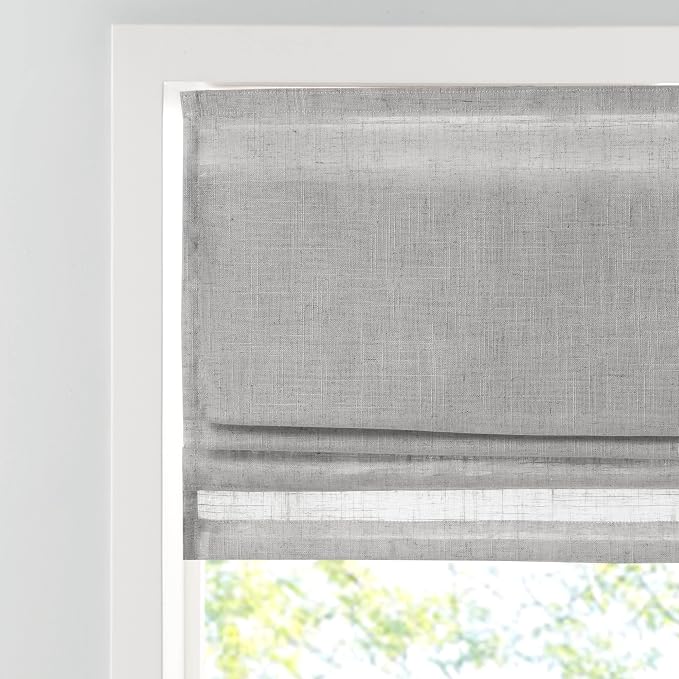 Madison Park Kyler Cordless Roman Shades - Single Panel, Lightweight Linen Blend Fabric, Natural Design, Easy Installation, Light Filtering Window Blind, Bedroom, Living Room Decor 29" W x 64" H Grey