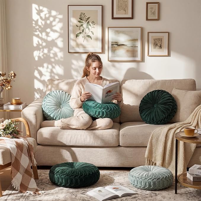 Drydiet 4 Pcs Round Throw Velvet Pillows Decorative Pleated Throw Pillows Diameter Accent Pumpkin Boho Chair Cushion for Couch Sofa Home Decoration (Sage Green,15'')