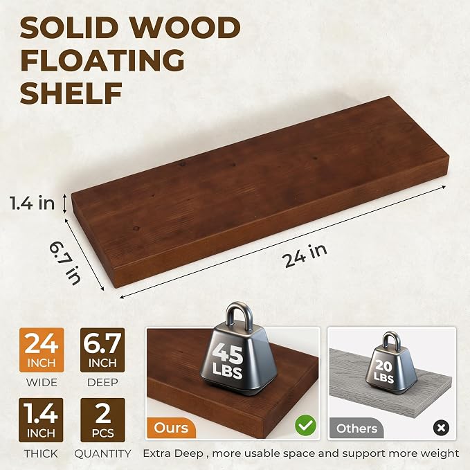 24 inch Floating Shelves for Wall, High End Solid Real Wood Floating Shelf with Heavy Duty Invisible Bracket 24in Long Wooden Wall Shelves for Living Room, Bedroom, Kitchen, Bathroom, Set of 2, Walnut