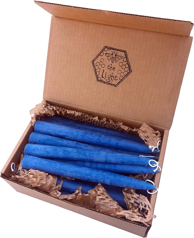 100% Pure Beeswax Taper Candles - All-Natural Handmade Decorative & Dipped Smokeless Unscented Candles for Christmas, Advent, and Hanukkah, Rustic Blue, 8.5 Inches, 24 Candle Set, by BeeTheLight