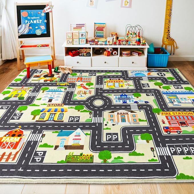Car Rug Play Mat for Kids Toy Cars, City Road Traffic Playmat for Kid Bedroom, Non-Slip Machine Washable Kids Rugs for Learn and Have Fun 6'x9'/ 72"x108", Beige