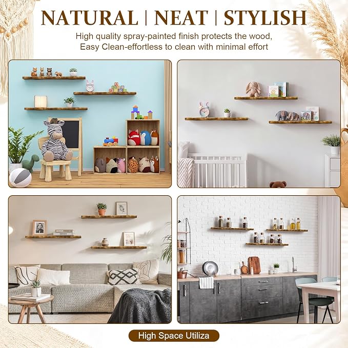 Novabright 3 Pcs Walnut Floating Shelves for Wall Solid Wood Scalloped Shelves Rustic Wall Mounted Storage Rack Display Hanging Shelf Farmhouse Decor for Living Room Bedroom Kitchen