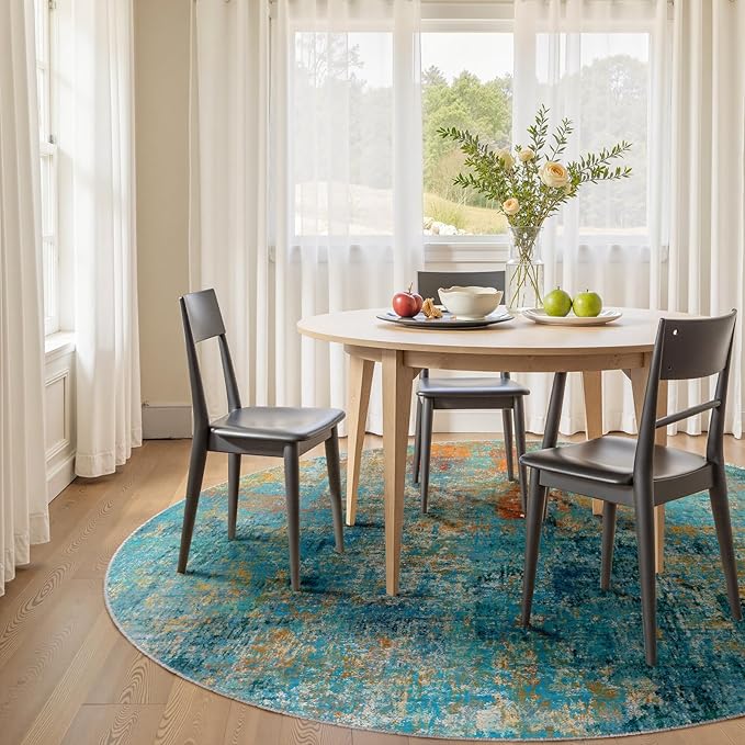 RELEANY Washable Area Rugs 6ft Non-Slip Modern Abstract Soft for Living Room Entryway Bedroom Nursery, Print Pattern, Teal Blue Green Orange Rust Red Coloreful