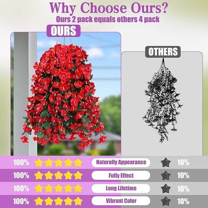Sggvecsy Artificial Fake Hanging Flowers Plants for Outdoor Outside Spring Summer Decoration 2PCS Faux Silk UV Resistant Realistic Morning Glory Trailing Vines for Home Porch Patio Balcony(Red)