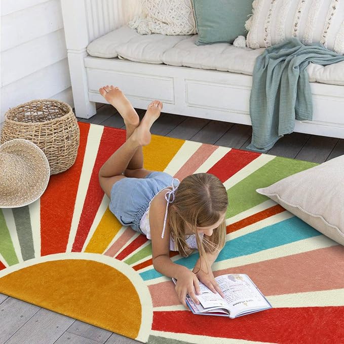 STARUIA Boho Washable Rug 3'x5' Kids Area Rug for Playroom, Colorful Kids Rugs for Bedroom, Non-Slip Throw Sun Carpet Soft Small Sunshine Rugs for Office Nursery Entryway Dorm