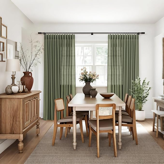 Jowels Olive Green Linen Curtains 88 Inch Long 2 Panels for Living Room | Loden Light Filtering Semi Sheer Curtain, Back Tab Pocket Pleated Look,Farmhouse Textured Privacy Drapes for Bedroom Window