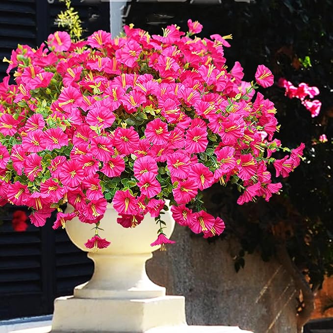 Artificial Flowers for Outdoors, UV Resistant Fake Silk Morning Glory, Realistic Faux Plants for Outside Porch Patio Window Box Hanging Planter (12, Hot Pink)