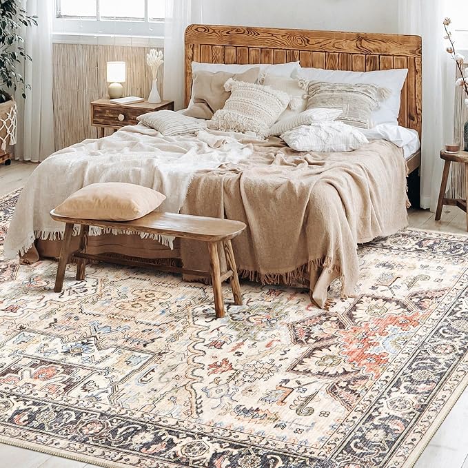 8x11 Area Rugs for Living Room - Large Carpet Ultra Thin Soft Washable Oriental Vintage Floral Distressed Rug Big Indoor Carpets for Bedroom Nursery Dorm Home Decor Aesthetic - Multi Color