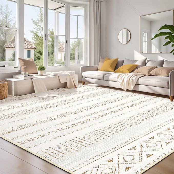cotiled 10x14 Area Rug Living Room: Washable Boho Rugs with Non Slip Backing Large Soft Indoor Stain Resistant Carpet for Bedroom Farmhouse Dining Room Lightweight Home Decor L Brown/Cream