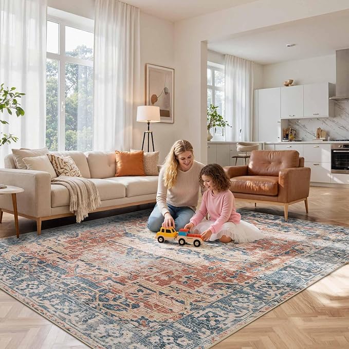 Rugxara 8x10 Area Rugs for Living Room Bedroom, Large Washable Rug, Coral Vintage Retro Boho Rug, Non Slip & Low Pile Faux Wool Thin Carpet for Indoor Dining Room, Kids Room(Coral Blue 8x10ft)