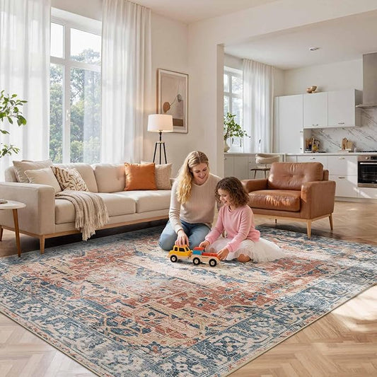 Rugxara 8x10 Area Rugs for Living Room Bedroom, Large Washable Rug, Coral Vintage Retro Boho Rug, Non Slip & Low Pile Faux Wool Thin Carpet for Indoor Dining Room, Kids Room(Coral Blue 8x10ft)