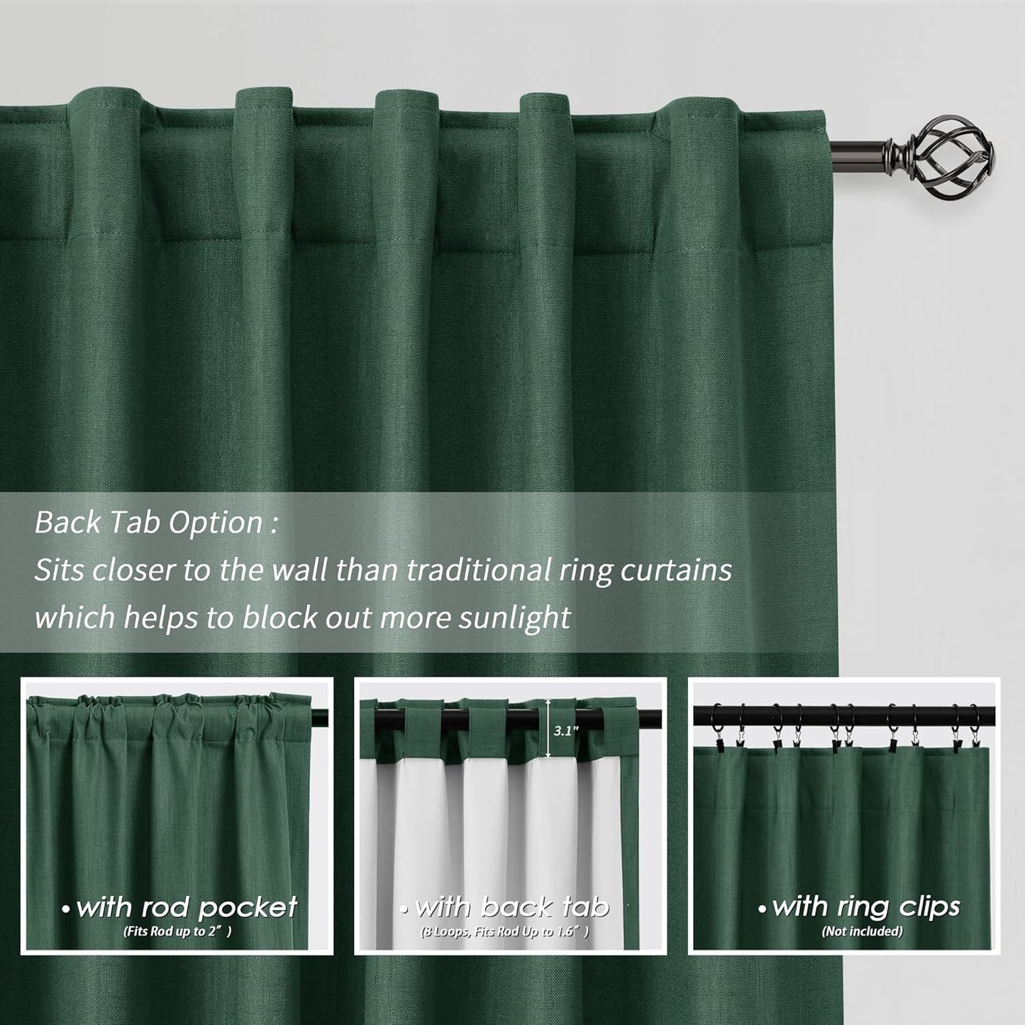 BOODII Room Darkening Curtains Green Black Out Curtains 96 Inches Long 2 Panel Set Back Tab Blackout Linen Curtain for Sliding Door Modern Farmhouse Living Room Window Drapes Soundproof 52x96