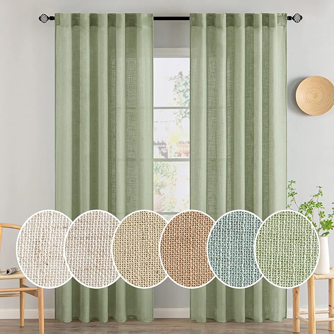 MIULEE Sage Green Linen Curtains 84 Inch Length 2 Panels for Bedroom Living Room, Soft Thick Linen Textured Window Drapes Semi Sheer Light Filtering Back Tab Rod Pocket Burlap Look Decor