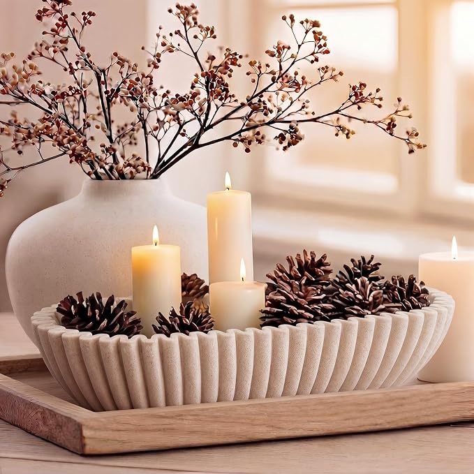 Large Decorative Bowl for Home Decor Long Dough Key Bowls Coffee Table Decor Centerpiece Beige Ruffle Scalloped Resin Modern Handicraft Bowl for Kitchen Counter Farmhouse Entryway