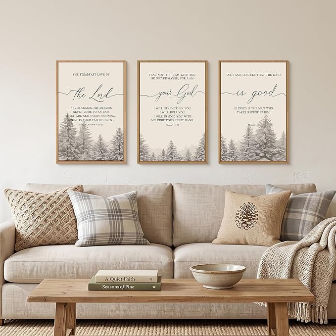 LHIUEM Bible Verses Framed Canvas Wall Art Set,Christian Scripture Religious Wall Decor,Vintage Easter Pine Tree Artwork for Living Room,Bedroom,Dining Room,Office -24"x36"x3