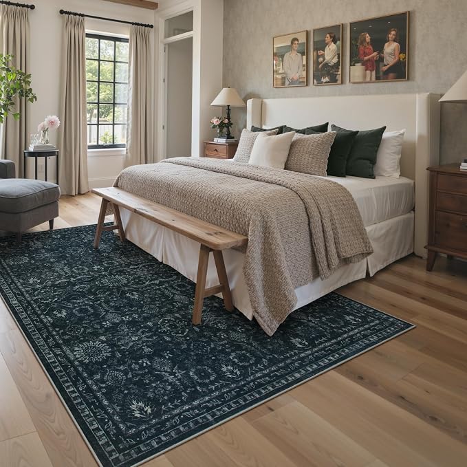 Lahome Dark Academia Moody Rug, 5x7 Dark Black Soft Living Room Bedroom Rug | Vintage Non Slip Non Shedding Low Pile Carpets for Dining Room Hardwood Floor Room Decor