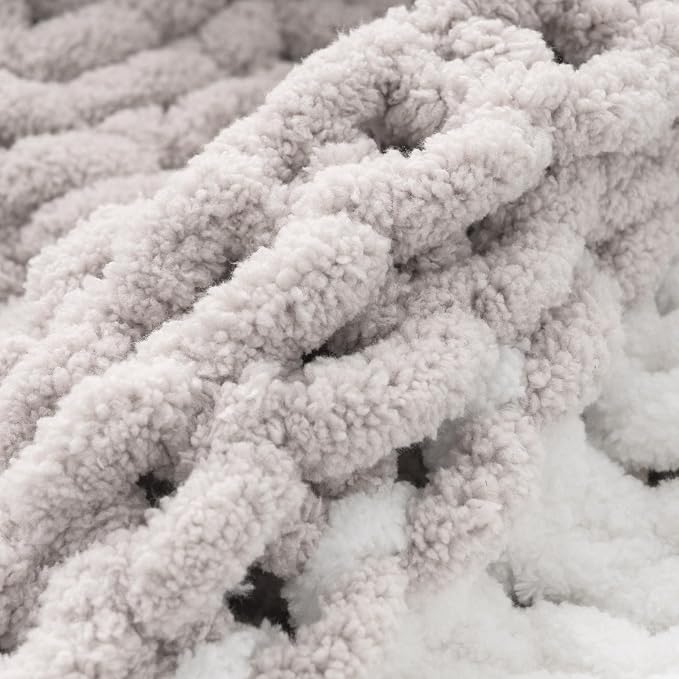 Battilo Beige Cream Chunky Knit Throw Blanket, Soft and Thick Chenille Throw Blanket, 50"x60" Handmade Cable Knit Crochet Blanket, Handmade Knot Throw Blankets for Couch Home Decor, Beige & White