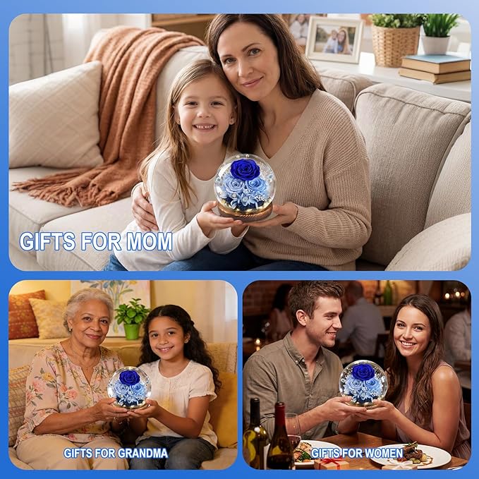 FIACO Gifts for Mom Mothers Day Birthday Gifts for Women Preserved Flowers in Glass Dome Long-Lasting Eternal Roses for Her Grandma Wife Girlfriend Blue Forever Flowers for Delivery Prime Anniversary