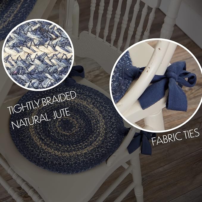 VHC Brands Great Falls Blue Round Seat Cushion Chair Pad, Blue White, Jute Blend with Ties, 15x15 Inches (Pack of 2)
