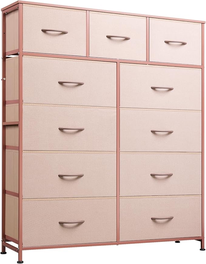 WLIVE Tall Dresser for Bedroom, Fabric Dresser Storage Tower, Chest of Drawers Organizer Unit with 11 Drawers, Storage Cabinet, Hallway, Closets, Steel Frame, Wood Top, Pink