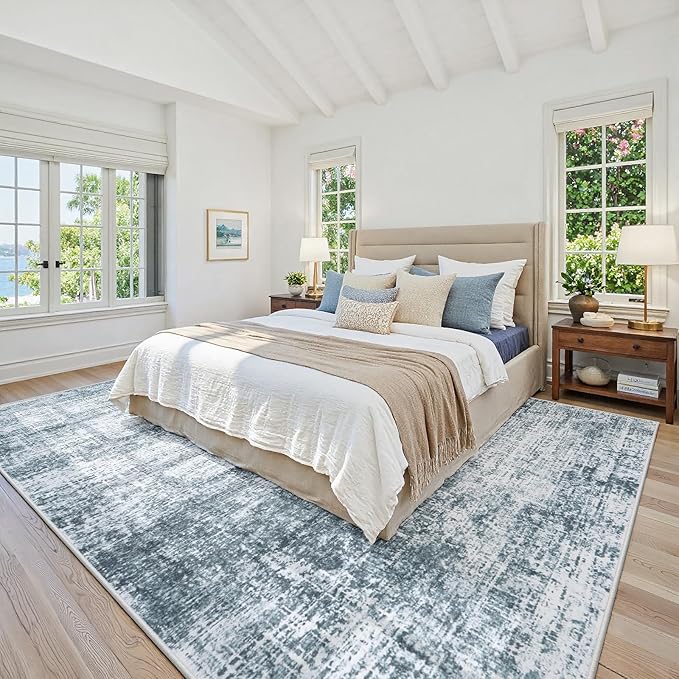 8x10 Area Rugs Washable Rug:Anti-Skid Abstract Modern Living Room Rug Soft Thin Carpets Indoor Floor Non-Shedding Carpet for Bedroom Dining Farmhouse Nursery Home Office(Light Slate Blue/White, 8x10)