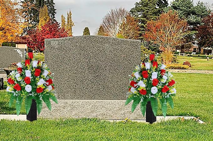 LVXINLI Artificial Cemetery Flowers, Gravesite Decoration Roses, Memorial Bouquets with Cemetery Vase, Vibrant and Long-Lasting Colors (Red + White, 2 Bundles)