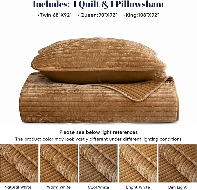 PHF Luxury Velvet Quilt Set Twin Size – 2PCS Ultra Soft Quilted Comforter Alternative with Striped Channel, Cozy Quilted Bedspread, 1 Coverlet with 1 Matching Sham, 68" x 92", Rusty Burnt Orange