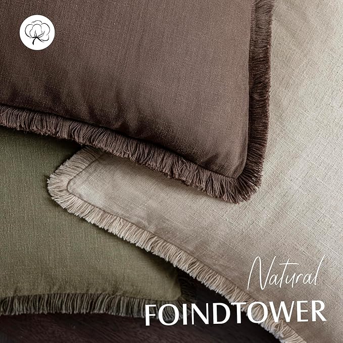 Foindtower Set of 2 Decorative Linen Fringe Throw Pillow Covers Boho Farmhouse Cushion Cover with Tassels Soft Accent Pillowcase for Couch Sofa Bed Living Room Home Decor,22×22 Inch,Reddish Brown