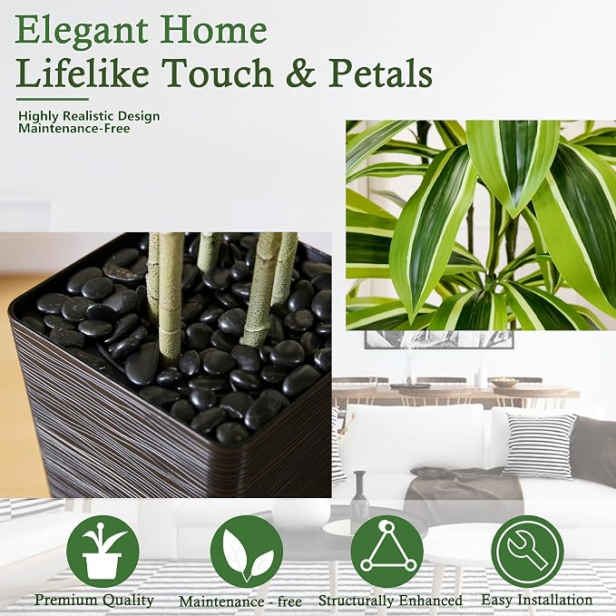 Artificial Dracaena Tree：6FT Faux Silk Tropical Yucca Floor Trees Realistic Fake Green Plant with Natural Wood Trunk & Lifelike Leaves for Home Office Decor Indoor & Outdoor (6FT,1-Pack,Black)