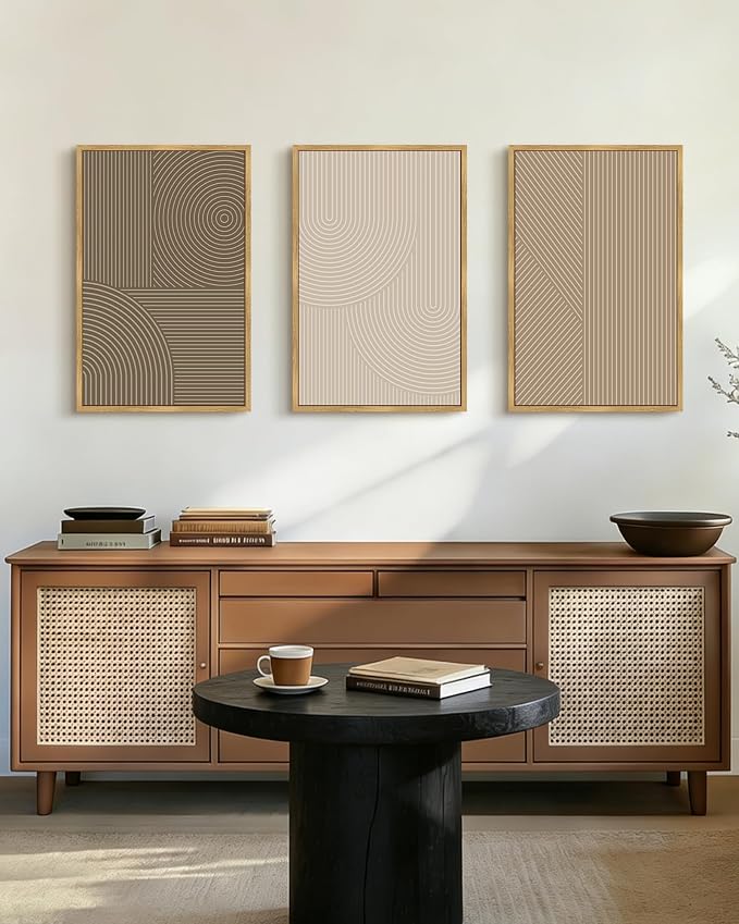 PHOPAGO Boho Mid-Century Modern Framed Wall Art Large 16x24in Minimalist Abstract Neutral Line Wall Decor Bohemain Geometric Artwork Bedroom Home Office - Natural Framed