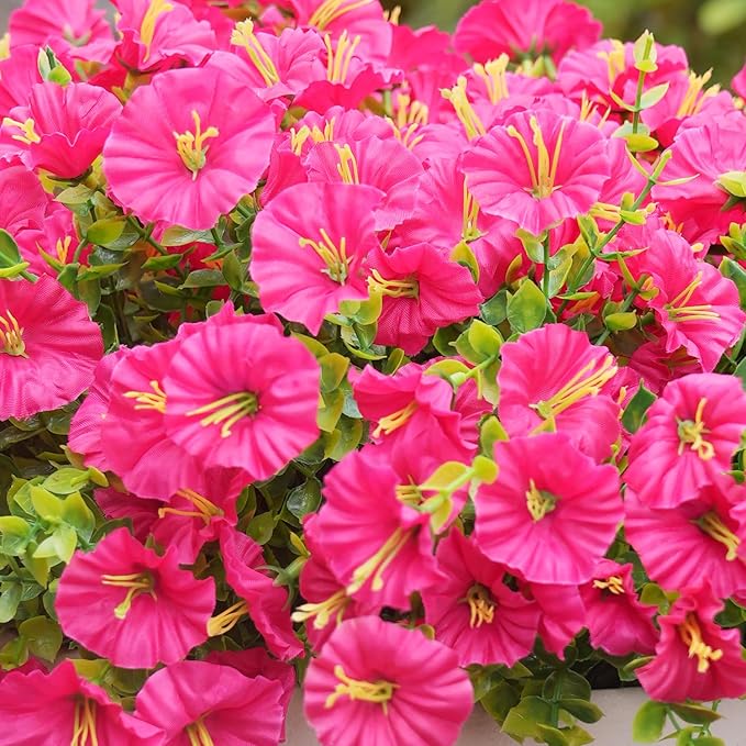 Artificial Flowers for Outdoors, UV Resistant Fake Silk Morning Glory, Realistic Faux Plants for Outside Porch Patio Window Box Hanging Planter (12, Hot Pink)