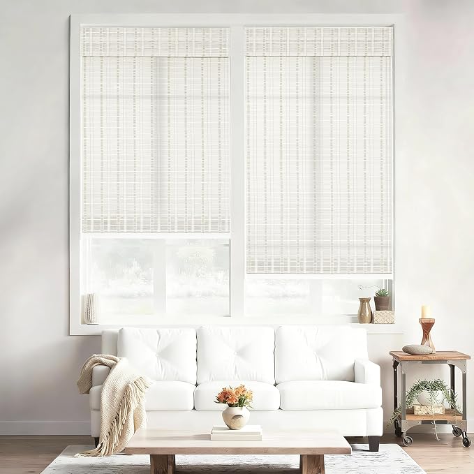 No Drill No Tools Bamboo Roman Shades, Cordless Light Filtering Window Blinds with Valance, Natural Woven Wood Shades for Living Room Dining Room, White（Sheer-View）, 27.5" W x 64" H