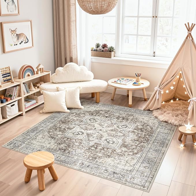 Tortania 8' Square Area Rug Living Room Rugs - Washable Boho Rug Vintage Oriental Distressed Farmhouse Large Thin Indoor Carpet for Bedroom Under Dining Table Home Office - Brown Blue