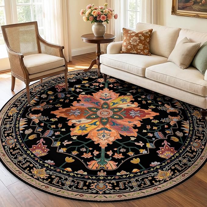 RELEANY Area Rugs 6ft Washable Non-Slip, Floral Vintage Distress Print Pattern Medallion Carpet for Living Room Bedroom Dining Room, Black Colorful Floral Dark Tan