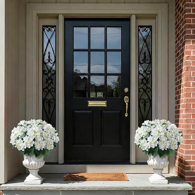 FOTEEWL 16 Bundles Artificial Hydrangea Flowers for Outdoor Decor, Realistic Faux Silk Bouquets Sun-Resistant Fake Plants for Front Door Balcony Farmhouse Garden Home Spring Summer Decor (White)