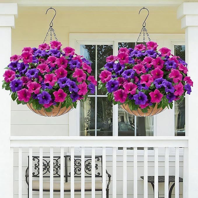 MARTINE MALL Artificial Flowers for Outdoors, 8 Bundles Realistic Fake Outdoor Flowers, UV Resistant Silk Petunia Flower for Outside Look Real Faux Flower Plant for Outdoor Porch Decor, Purple+Fuchsia