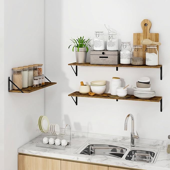 Vivelove Deep Floating Shelves for Wall, 16W x 8D Wood Wall Shelves Set of 3, Wide Floating Bookshelf for Living Room, Kitchen, Office, Bedroom and Decor Storage, with Metal Bracket - Rustic Brown