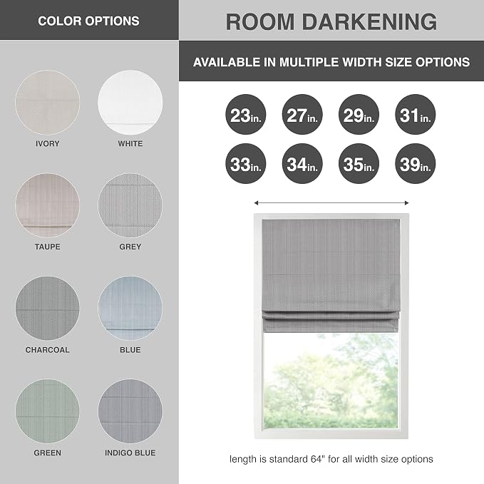 Madison Park Galen Cordless Roman Shade, 35"W x 64"H, Sheen Grey – Room Darkening, Thermal Insulated, Energy Efficient Window Blind with Subtle Sheen Basketweave Fabric for Privacy