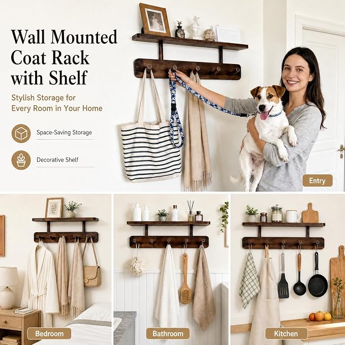 Coat Rack Wall Mount with Shelf, Adhesive or Drilling Mount, 2 Pack Wall Shelf with 10 Wooden Hooks, Hanging Storage for Clothes, Hats, Towels, Keys, Bags, for Entryway, Bathroom