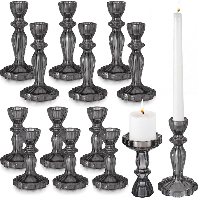 12 Pack Glass Candlestick Holders Set 4.3/6.1'' Taper Stripe Candle Holder Bulk Floral Shape Crystal Decorative Candle Stand Centerpiece for Table Wedding Dining (Black)